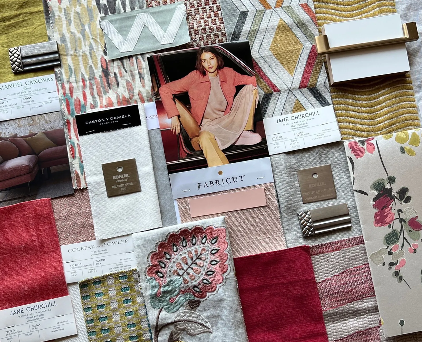 A design board: pinks, reds and embroidered florals.